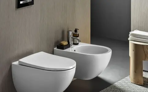 Nowoczesna łazienka z miską WC i bidetem. Bidet służy do higieny intymnej po skorzystaniu z toalety.