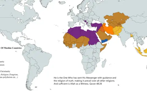 Weltkarte zeigt Mehrheitsreligionen in muslimischen Ländern vor dem Islam. Arabische Länder vorwiegend mit indigener Religion oder Christentum.
