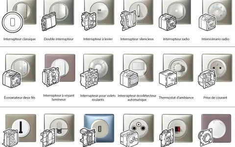 Divers types d'interrupteur et prises électriques présentés, du classique au radio, en passant par les volets roulants et les prises USB.