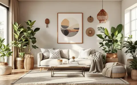 Przytulny salon w stylu scandi boho z dużą ilością zielonych roślin, jasną sofą i plecionymi dodatkami.