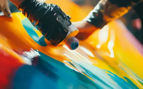 Hands in black gloves apply vibrant acrylic paint to a glossy surface, demonstrating how to paint acrylic plastic with a fluid art technique.