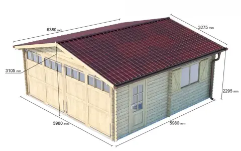 Struttura in legno con tetto rosso, ideale per un garage doppio. Dimensioni: 6380x5980 mm, altezza 3275 mm.
