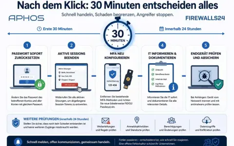 Schritte nach einem Klick, der auf Phishing bedeuten könnte: Passwort ändern, Sessions beenden, MFA neu konfigurieren, IT informieren, Endgerät prüfen. Schnelles Handeln ist entscheidend.