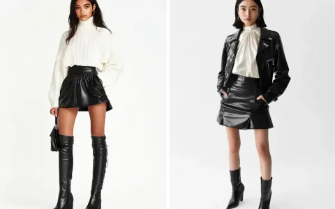 Dos modelos lucen un conjunto de camisa y falda corta de cuero negro. Una lleva un jersey blanco de cuello alto y botas altas. La otra, una chaqueta de cuero y botines.