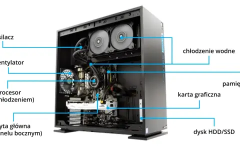 Wnętrze komputera: zasilacz, wentylator, procesor, płyta główna, chłodzenie wodne, pamięć RAM, karta graficzna i dysk HDD/SSD.