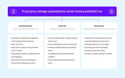 Przyczyny ostrego uszkodzenia nerek: przednerkowe (np. hipowolemia), nerkowe (np. zapalenie nerek) i zanerkowe (np. niedrożność moczowodów). Leczenie zależy od przyczyny.