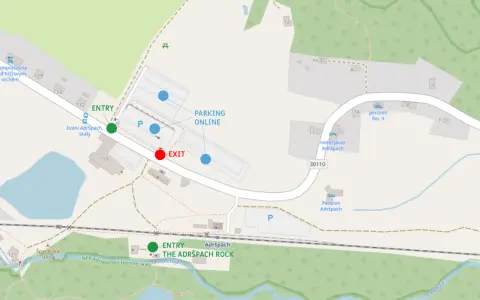 Mapa Adršpach, czeskie kamienne miasto. Wskazuje wejście, wyjście i parking.