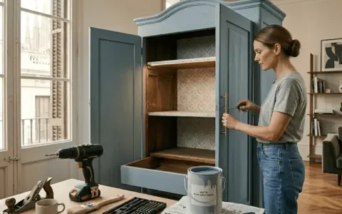 Mujer renovando un armario de madera, lista para pintar. Herramientas y pintura azul grisáceo a mano.