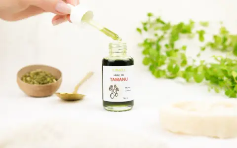Goutte d'huile de tamanu tombant d'une pipette dans un flacon. Le produit est naturel, mais il faut connaître les effets secondaires de l'huile de tamanu.