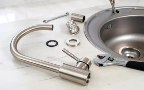 Partes de un fregadero y herramientas listas para su instalación. Llave inglesa, grifo desmontado y el propio fregadero de acero inoxidable.
