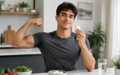 Muskulöser Mann zeigt Bizeps und hält ein gekochtes Ei. Er setzt auf proteinreiche Ernährung mit Ei für seine Fitness.