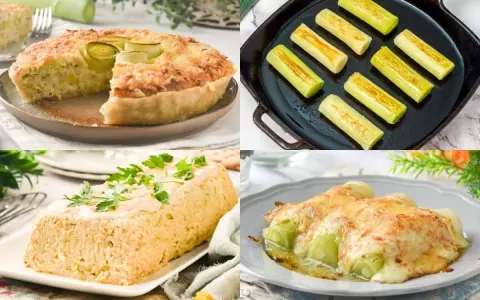 Cuatro deliciosas recetas con puerro: tarta salada, puerros a la plancha, pastel de puerro y puerros gratinados. ¡Inspírate para tus próximas comidas!