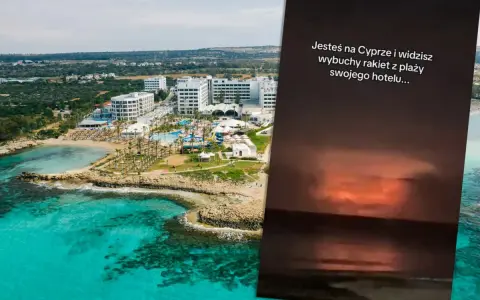 Widok na kurort na Cyprze z plażą i morzem. Nałożony tekst sugeruje, czy Cypr jest bezpieczny, pokazując wybuchy rakiet.