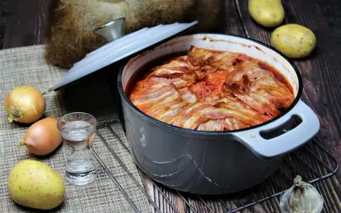 Herzhaftes russisches Essen: Ein Eintopf mit Speck überbacken, dazu Kartoffeln, Zwiebeln und Knoblauch.