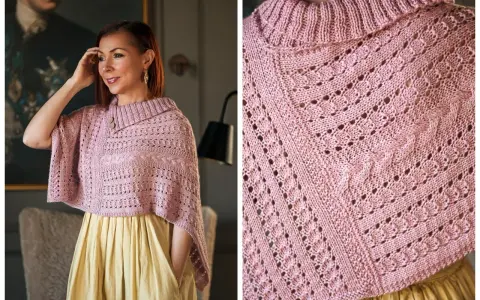 Mujer sonriente luce un elegante poncho a dos agujas en tono rosa pálido, con intrincados puntos calados y trenzas.