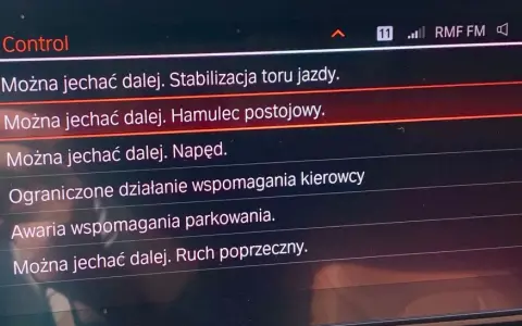 BMW: Można jechać dalej. Stabilizacja toru jazdy. Hamulec postojowy. Jedź wolno, by zachować kontrolę.