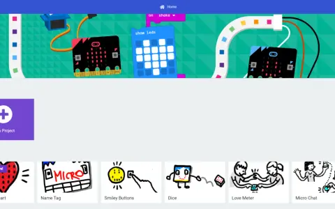 Strona główna micro:bit. Zobacz, jak zrobic bit, tworząc nowy projekt lub korzystając z samouczków, np. "Migające serce".