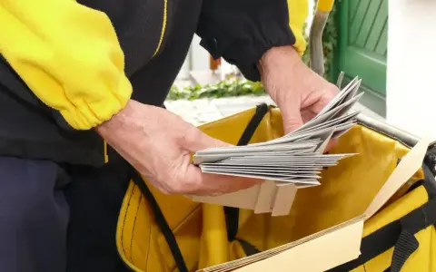 Listonosz sortuje listy do swojej torby. Pracuje od wczesnych godzin porannych, by dostarczyć pocztę.