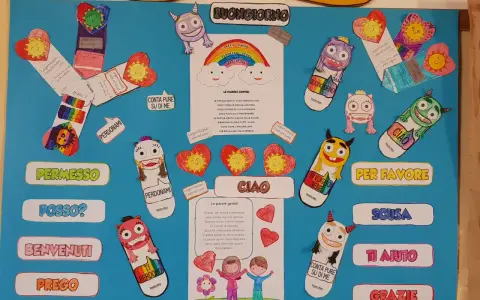 Un collage colorato con mostriciattoli sorridenti e cuori, che celebra "il sacco delle parole gentili" come gentilezza, grazie, scusa e per favore.