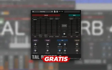 Interfejs wtyczki TAL Reverb 4 z suwakami i pokrętłami do kształtowania dźwięku. Napis "GRATIS" na czerwonym tle.