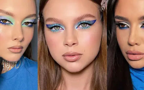 Tres looks de maquillaje para vestido azul: delineado gráfico, sombras celestes y toques de verde menta.