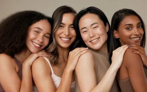 Quatre femmes souriantes aux teints variés, partageant un moment de complicité. Leur peau rayonne, signe qu'elles savent comment hydrater sa peau en profondeur.