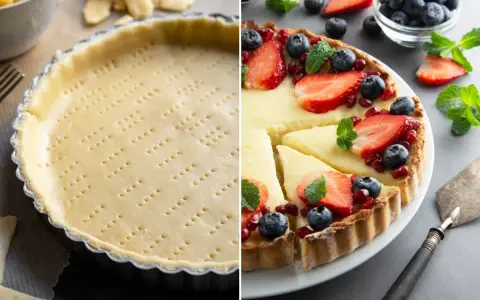 Base de masa quebrada lista para hornear y tarta de frutas frescas. Ideas para recetas con masa quebrada.