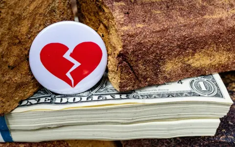 Symbol złamanego serca na stosie dolarów, między kamieniami. Nieoficjalna separacja, gdzie pieniądze dzielą.