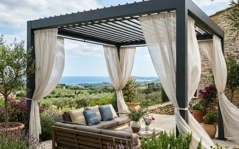 Un salon extérieur confortable sous une pergola moderne, offrant une vue imprenable sur la mer. Ces vérandas bioclimatiques invitent à la détente.