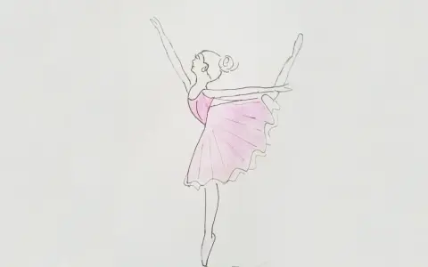 Delikatny rysunek baletnicy w różowej tutu, w pozie arabesque.