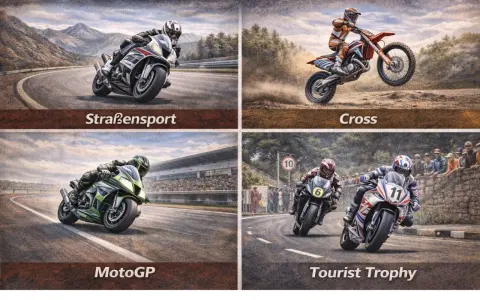 Quattro scene di corse di motociclistiche: sport su strada, cross, MotoGP e Tourist Trophy.