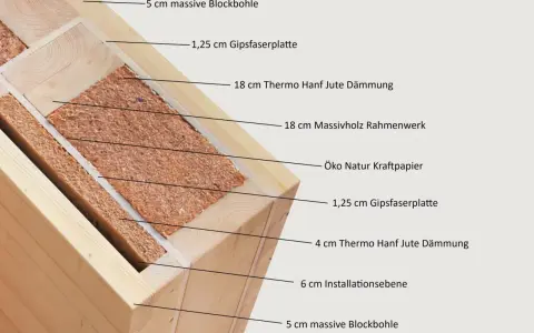 Detailansicht des Holzskelettbau Wandaufbaus mit Massivholz, Hanfdämmung und Gipsfaserplatten für ökologisches Bauen.