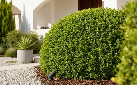 Un arbuste de pittosporum taillé en boule parfaite, orné d'un projecteur discret à sa base, dans un jardin moderne.