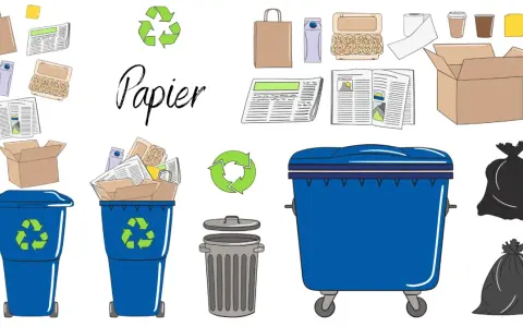 Ilustracja pokazuje różne przedmioty z papieru, takie jak torby, gazety, pudełka i kubki, które można poddać recyklingowi. Pokazuje to, jakie zastosowanie ma papier w codziennym życiu i jak ważny jest jego recykling.