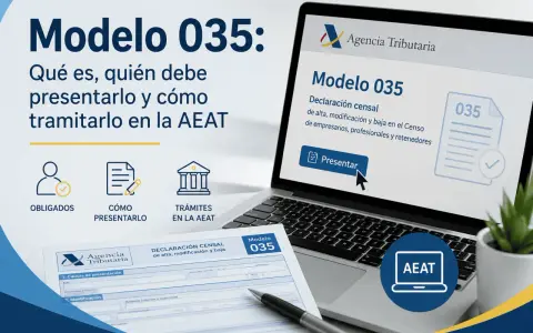 Información sobre el **modelo 035**: quién debe presentarlo, cómo hacerlo y los trámites en la AEAT. Se muestra un formulario y una pantalla de ordenador.