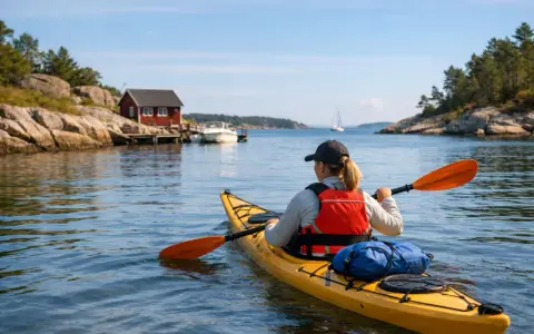 En person i gul kajak njuter av att **padla kajak** i en vacker skärgårdsmiljö med röda hus och segelbåt i bakgrunden.