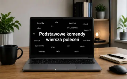 Laptop z wyświetlonymi komendami wiersza poleceń Windows, w tym ping, tracert i traceroute.