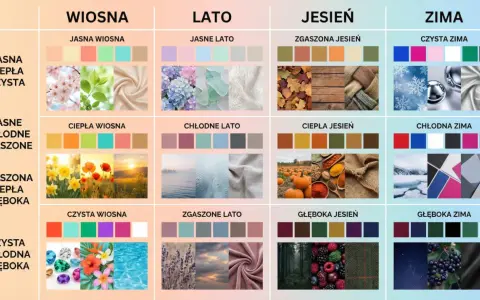 Paleta barw dla typów urody: wiosna, lato, jesień, zima. Zimne kolory dominują w typach lato i zima, od pastelowych po głębokie odcienie.