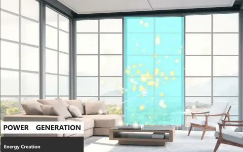 Ventajas del vidrio: una ventana moderna genera energía, iluminando el espacio con partículas brillantes.