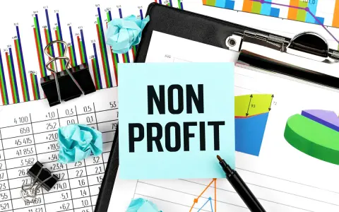 Analyzing financial reports for nonprofits. The image shows charts, graphs, and a sticky note with "NON PROFIT" written on it.