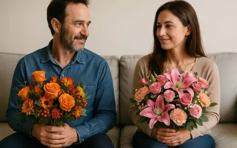 Un couple échange des sourires, chacun tenant un bouquet. Les fleurs, aux couleurs vives, portent une belle signification.