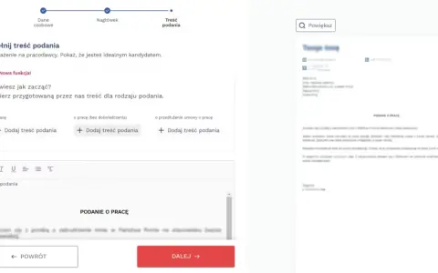 Uzupełnianie treści podania o pracę w szkole. Możesz wybrać gotowy szablon lub napisać własny tekst.