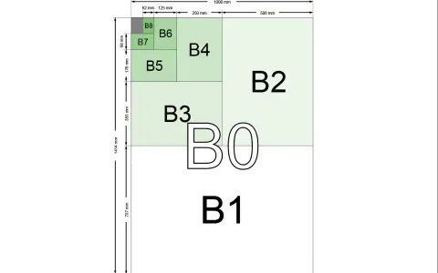 Diagram visar B-seriens pappersstorlekar, från B0 till B8, med mått i millimeter. B5 papper är en del av denna standard.