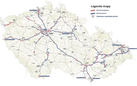 Mapa drog w Czechach. Czerwone linie to odcinki bezpłatne, niebieskie - płatne. Dowiedz się, ile kosztuje winieta na Czechy, analizując płatne trasy.
