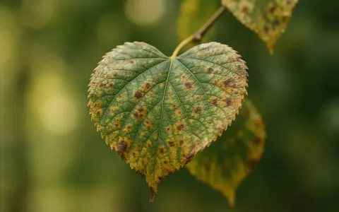 Feuille de tilleul atteinte de taches brunes, symptôme d'une maladie. Photos de maladie du tilleul.