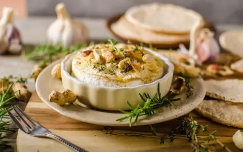 Pieczony camembert w naczyniu, ozdobiony ziołami i orzechami, z czosnkiem i pieczywem w tle.