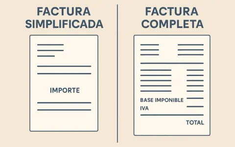 Comparación visual: factura simplificada o ticket con solo importe, frente a factura completa con base imponible, IVA y total.