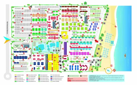 Mapa **camping residence village** z podziałem na ulice i rodzaje zakwaterowania, z widokiem na plażę i morze.