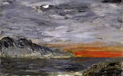 August Strindberg konst: Dramatisk kustvy med mörka berg, stormigt hav och en glödande solnedgång.