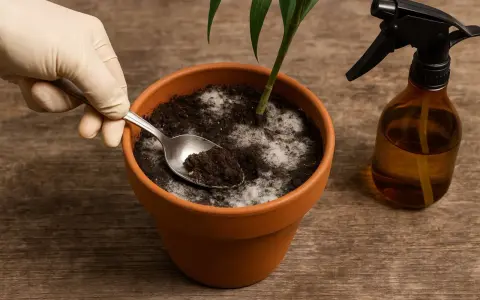Schimmel auf Blumenerde in einem Terrakotta-Topf. Eine Hand mit Handschuh entnimmt mit einem Löffel Erde. Daneben steht eine Sprühflasche.